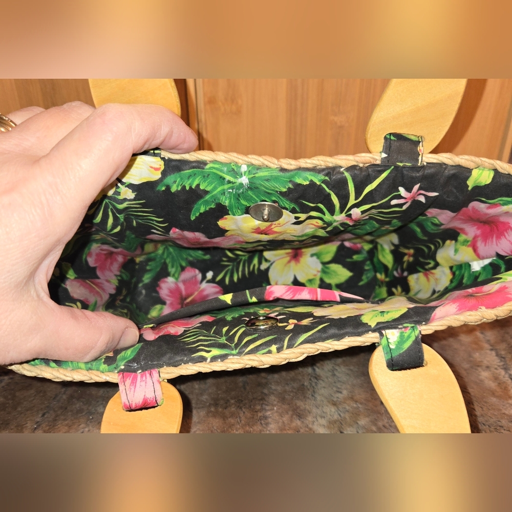 Vtg 1990s Cornhusk Basket Wicker Purse Boho Tropical Print Casual Tote - Picture 5 of 6